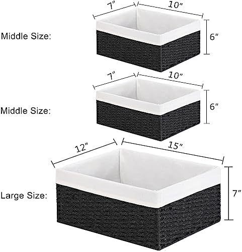 Vagusicc Storage Basket, 3-Pack Woven Paper Rope Wicker Baskets for Storage with Handles, 15 Inches Large Cube Storage Bins Woven Storage Baskets with Liners for Shelves Organizing & Decor, Black