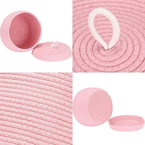 Sea Team Round Woven Cotton Rope Storage Basket with Lid, Pink | Lidded Knitted Decorative Storage Bin, Pot, Caddy, Organizer, Container for Snacks, Towels, Plants, 10 x 7.5 Inches