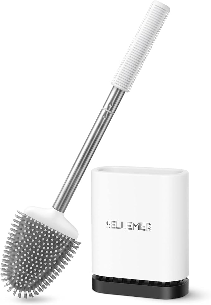 Silicone Toilet Brush, Ventilation Slots Base Holder 1 Pack, White | Flexible Bristles Flat Head for Rim, Hair Tangle-Free, Easy to Clean, Compact Design, Rustproof Handle, for Toilet/Sink/Tub