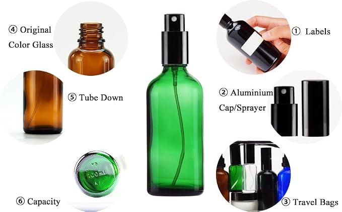 YIZHAO Green Glass Spray Bottles 4oz, with Small Fine Mist Spray, Metal Cap, Refillable for Essential Oil,Travel,Cleaning,Perfume,Aromatherapy,Makeup – 9 Pcs