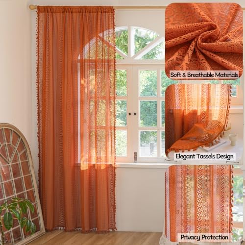 Sutuo Home Burnt Orange Boho Curtains 102 inches Long for Bedroom Dining Room, Crochet Lace Sheer Bohemian Tassels Hollow Knitted,Window Treatment Drapes Fall Decor, Rod Pocket 1 Panel 59" W x 102" L