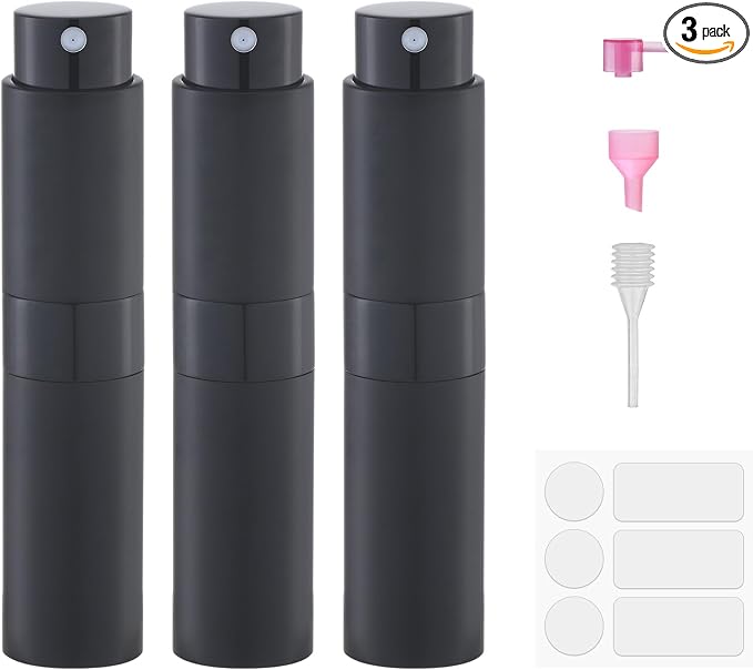 8ml Travel Perfume Bottle Refillable, Atomizer Sprayer for Cologne 3PCS | Twist up spray for fragrance, leak proof, mini size, empty, portable, refill small decanter, for men & women, TSA Black