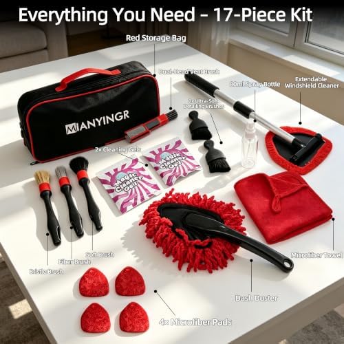 Windshield Cleaner Tool, 17Pcs Red Car Interior Detailing Kit | Stay in Seat, Inside & Out Streak-Free Clean, Extendable Handle, Cleaning Gels & Brushes, Pet Hair