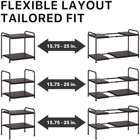 Simple Houseware Under Sink 2-Tier Heavy Duty Expandable Organizer, Bronze | Adjustable Width 15.75–25 Inches with 4 Shelf Height Levels