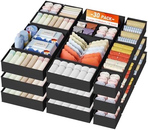 DIMJ Drawer Organizer Clothes, 30 Pack Dresser Organizer, Foldable Closet Organizers and Storage, Fabric Dresser Bins, Drawer Dividers for Nursery, Baby Clothes, Underwears, Sock,Black