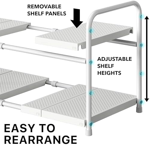 Simple Houseware Under Sink 2-Tier Heavy Duty Expandable Organizer, White | Adjustable Width 15.75–25 Inches with 4 Shelf Height Levels