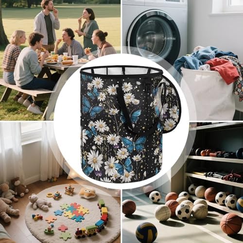 doginthehole Daisy Butterfly Moon Portable Trash Can Large Foldable Big Camping Can with Lid Storage Bag Pop Up Trash Cans for Parties, 22.83x17.71 in