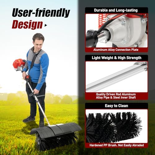 52CC 2.3HP 2 Stroke Gas Power Broom Handheld Sweeper, 1700W Walk Behind Sweeper Hand-Held Gas Power Garden Sweeper Artificial Grass Power Air-Cooled for Snow Broom Grass Driveway