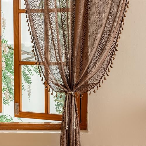 Sutuo Home Dark Coffee Lace Boho Curtains for Kitchen Nursery, Crochet Semi Sheer Macrame Bohemian Cottage Farmhouse Fringes Vintage Chic Window Treatment Drapes, Rod Pocket 1 Panel 59" W x 63" L