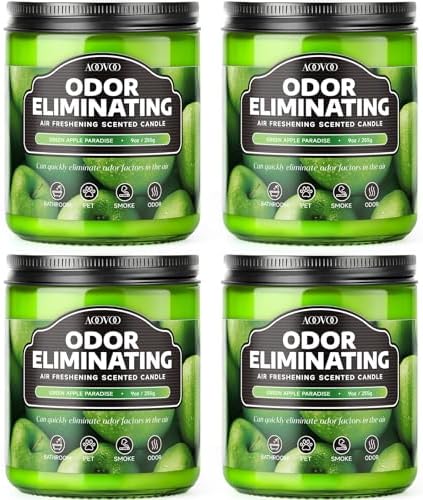 AOOVOO 4 Pack Odor Eliminating Candle Set - Green Apple Air Freshing Candle | 36oz, Eliminates 95% of Pet, Smoke, Food, and Other Smells Quickly, Highly Fragranced Non Toxic Soy Candle
