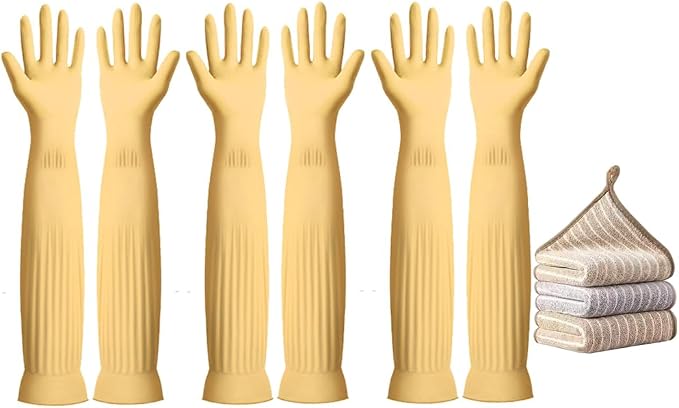 3-Pair 17.8-Inch Elbow-Length Reusable Rubber Waterproof Household Cleaning and Kitchen Dishwashing Gloves - Large Size