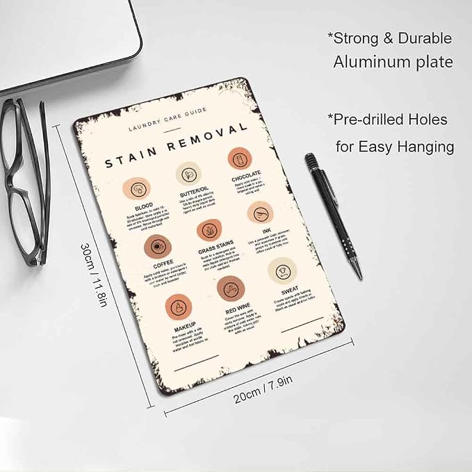Vintage Retro Stain Removal Laundry Care Guide Aluminum 8x12 Inch, Funny Wall Art for Farmhouse Laundry Room Bathroom Kitchen Man Cave Garage Wall Decor