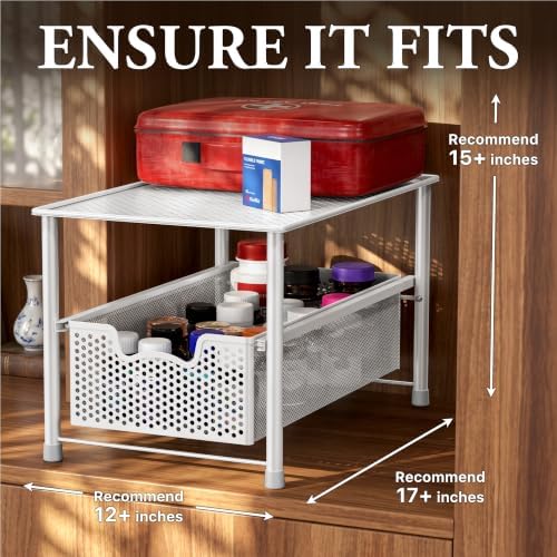 Simple Houseware Stackable Under Sink Sliding Basket Drawer, White | Perforated Free Standing Organizer, Kitchen/Pantry/Cabinet/Counter