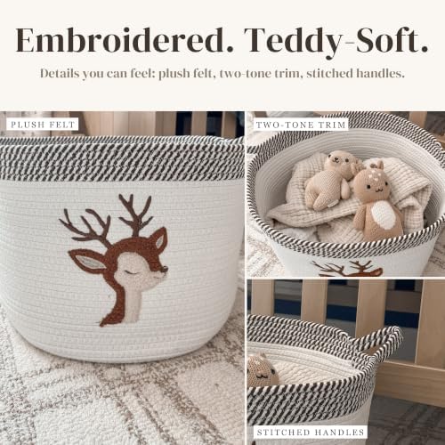 Deer Baby Storage Basket, Woven Cotton Rope Nursery Bin, 15x11 in | Stuffed Animal and Blanket Storage, Soft Felt Deer Patch, Woodland Nursery Decor, Kids Playroom Organizer