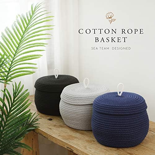 Sea Team Round Woven Cotton Rope Storage Basket with Lid, Navy | Lidded Knitted Decorative Storage Bin, Pot, Caddy, Organizer, Container for Snacks, Towels, Plants, 10 x 7.5 Inches