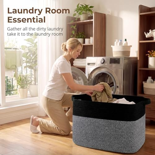 OIASKET 108L Cotton Rope Storage Basket for Living Room and Bedroom 25"x16"x16" Woven Laundry Basket, Heavy Duty Bin for Blankets, Pillows & Toys, Pet-Safe & Scratch-Free, Black