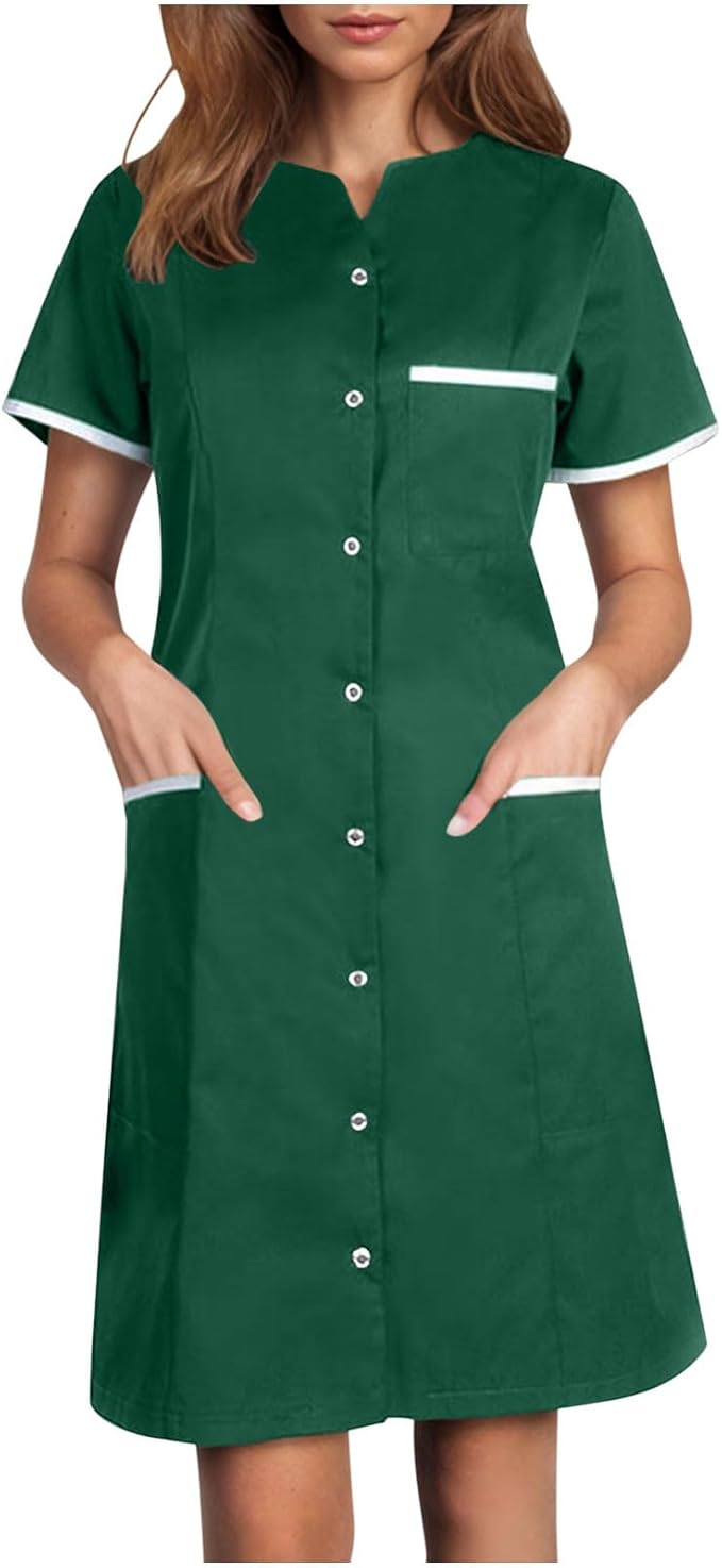 Scrubs Dress for Women - Button Front Nursing Workwear - Casual Housekeeping Dresses with Pockets