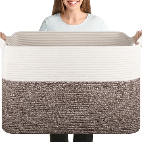 OIASKET 108L Cotton Rope Storage Basket for Living Room and Bedroom 25"x16"x16" Woven Laundry Basket, Heavy Duty Bin for Blankets, Pillows & Toys, Pet-Safe & Scratch-Free, Dark Brown and White