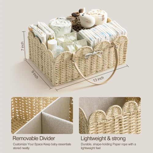 HBlife Baby Diaper Caddy, Paper Rope Storage Baskets Nursery Bin with Removable Divider, Portable Car Organizer for Diapers, Baby Shower Gifts, Newborn Essentials Must Haves