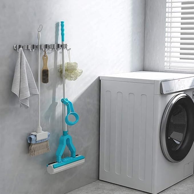 Broom Mop Holder Wall Mount Tool Hanger Organizer (4 Racks 5 Hooks) | Stainless Steel，for Home, Kitchen, Garage, Garden, Laundry Room, Bathroom Organization and Storage