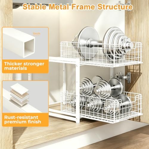 Under Sink Organizer, White 2-Tier Pull Out Cabinet Organizer | Kitchen Bathroom Organizer and Storage, Spice Rack for Kitchen, Multi-use Sliding Drawers Shelves, 2 Pack