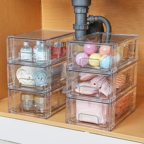 Vtopmart 2 Pack Stackable Clear Drawer with Dividers | Clear Drawer Organizers with Removable Dividers for Flexible storage. Stackable, Non-slip, for Fridge, Under Sink & Bthroom