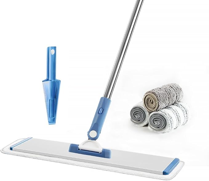 CQT 18" Commercial Flat Microfiber Floor Mop Cleaning System with 4 Washable Pads Cleaner for Laminate Tile (PT13-Blue)
