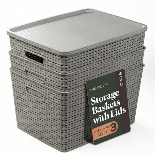 BINO | Plastic Storage Baskets with Lids, 33 Liter - 3 Pack, Natural Grey | THE WOVEN COLLECTION | Storage Basket for Shelves | Woven Storage Baskets for Organizing Bins | Pantry Shelf Organizer Bin