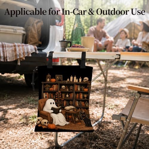 Ghost Reading Book Halloween Car Garbage Bag Canvas Trash Can | Dark Academia Gothic Skull Bookish Drawstring Car Trash Bag Hanging for Back Seat with Adjustable Buckle