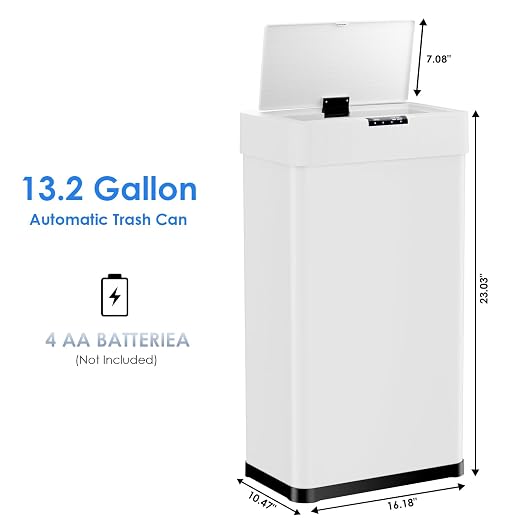 Sensor Trash Can, Touchless Motion Sensor Trash Bin | Smart Automatic Garbage Can with Soft-Close Lid, Bag Retainer Ring and Display Light, for Kitchen, Office (White, 13.2 Gal)