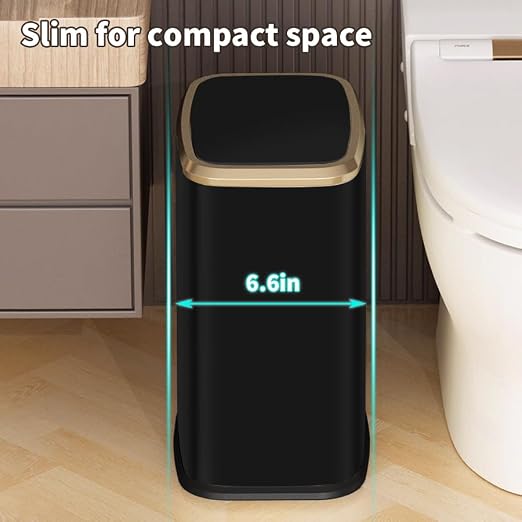 2 Gallon Small Office Bathroom Trash Can with Swing Lid,Living Room Bedroom Garbage can Wastebasket bin,Inner Bucket, Metal Decor Trash Can (Black Gold)