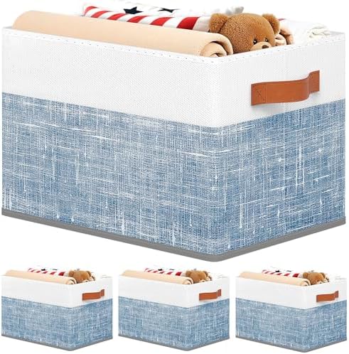 Fab totes Collapsible Storage Baskets for Shelves,14"x10", 4 Pack Foldable Fabric Storage Bins with Double Leather Handles, Large Baskets for Organizing Books, Clothes, White & Blue