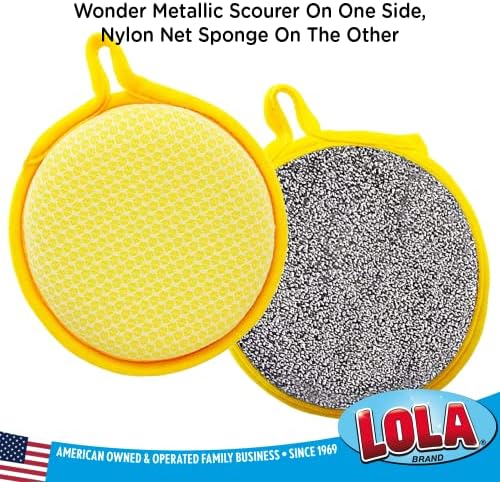 LOLA Round N' Round Wonder Non-Scratch Scouring Pad, 6 Pack, Metallic on One Side, Nylon Net Sponge On Other Side, Hang Hole, Assorted Colors