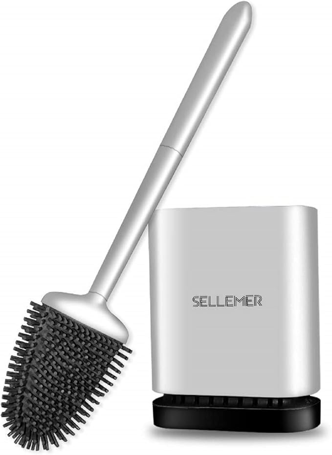 Silicone Toilet Brush, Ventilation Slots Base Holder 1 Pack Silver | Flexible Bristles Flat Head for Rim, Hair Tangle-Free, Easy to Clean, Compact Design, Rustproof Handle, for Toilet/Sink/Tub
