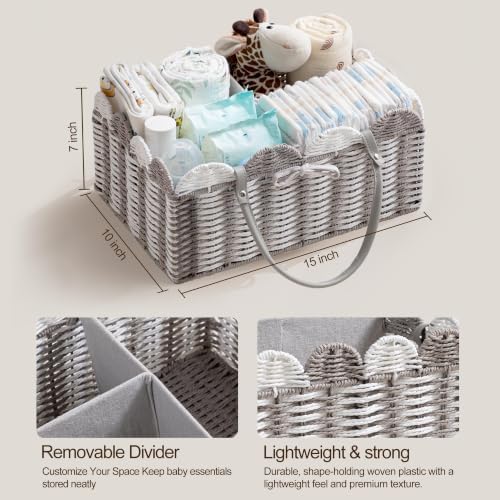 HBlife Large Baby Diaper Caddy, Paper Rope Storage Baskets Nursery Bin with Removable Divider, Portable Car Organizer for Diapers, Baby Shower Gifts, Newborn Essentials Must Haves