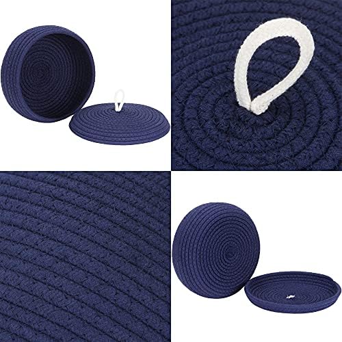Sea Team Round Woven Cotton Rope Storage Basket with Lid, Navy | Lidded Knitted Decorative Storage Bin, Pot, Caddy, Organizer, Container for Snacks, Towels, Plants, 10 x 4.5 Inches