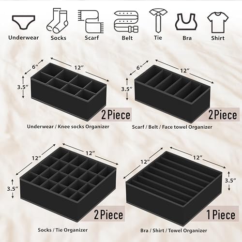 Simple Houseware Closet Underwear Organizer Drawer Divider Assorted 7 pcs | Black