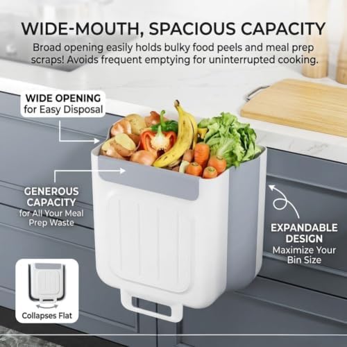 Foldable Kitchen Trash Can, Hanging Collapsible Trash Can，M,White | Multipurpose Wall-Mounted Folding Waste Bin, Space-Saving Expandable Garbage Basket Hangs on Cabinet Door for Food Prep Peels