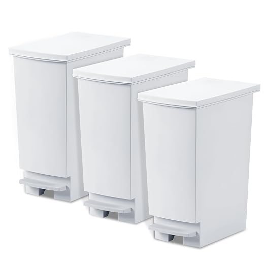 8 Gallon Trash Can With Lid and Foot Pedal, Plastic Slim Kitchen Step On Trash Can, Hands Free Recycling White Kitchen Garbage Can, Odor Block, 9 Inch Wide Trash Bin Fit For Narrow Space, 3Pack