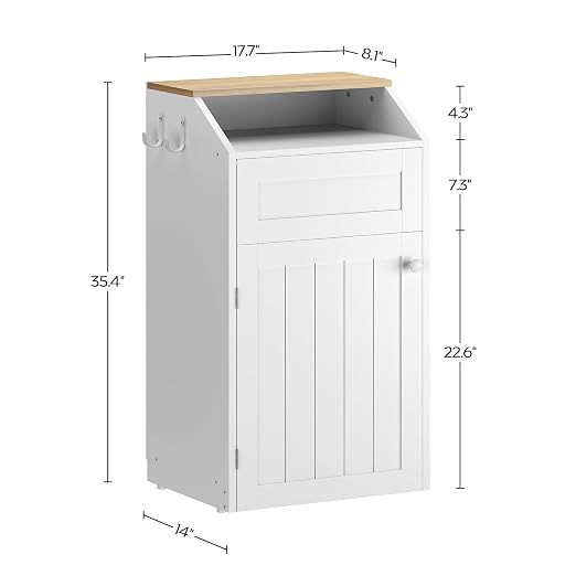 Trash Cabinet, Freestanding Trash Can Cabinet, Wooden Recycling with Flip Door, 10 Gallon Hidden Kitchen Garbage Can for Kitchen, Living Room, White WB01WT