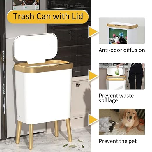 Procade 4 Gallon Bathroom Trash Can with Lid,Slim White and Gold Trash Bin | Bedroom Garbage can with Legs,Plastic Dog Proof Wastebaskets, Room Decor Bin for Kitchen,Office,Dorm,Laundry,Restroom,Rv