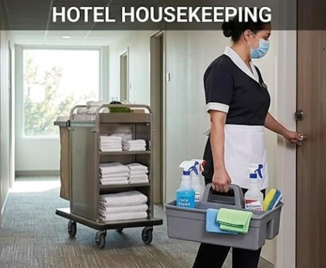 Commercial Janitorial Cleaning Caddy Set, 2-Piece, 15" x 11" x 7" | Heavy-Duty Plastic, Housekeeping Organizer Tote, Portable Tool Box and Spray Bottle Carrier, Comfort Handle