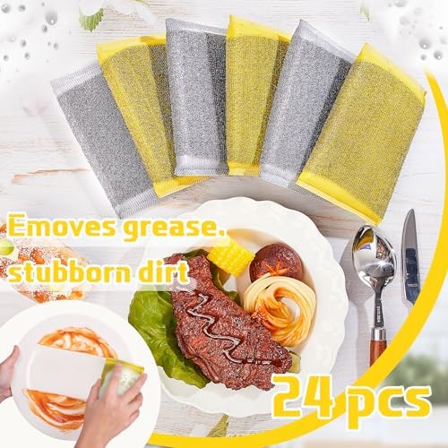 Thyle 24 Pack Steel Wool Scrubber Kitchen Sponges, Heavy Duty Non Scratch Metal Sponges, Reusable Cleaning Scrub Pads for Dishes, Pots, Pans, Sink and Tough Hard Stains (Gray,Yellow)