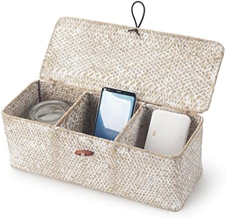 Seagrass Storage Basket with Lid Rectangular Small Woven Shelf Baskets with Sections for Organize Snack Toys Whitewash