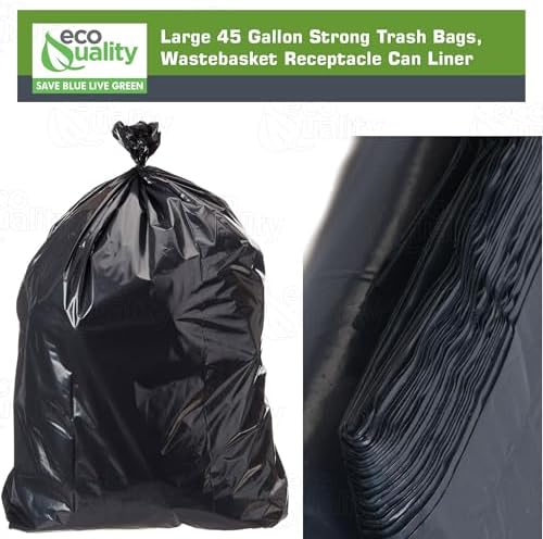 Strong Trash Bags, Wastebasket Receptacle Can Liner, Large 40-45 Gallon by EcoQuality, 10 Count, 40 x 38, Garbage Bags, Black, For Kitchen, Household, Industrial, Multi Purpose, Office, Backyard