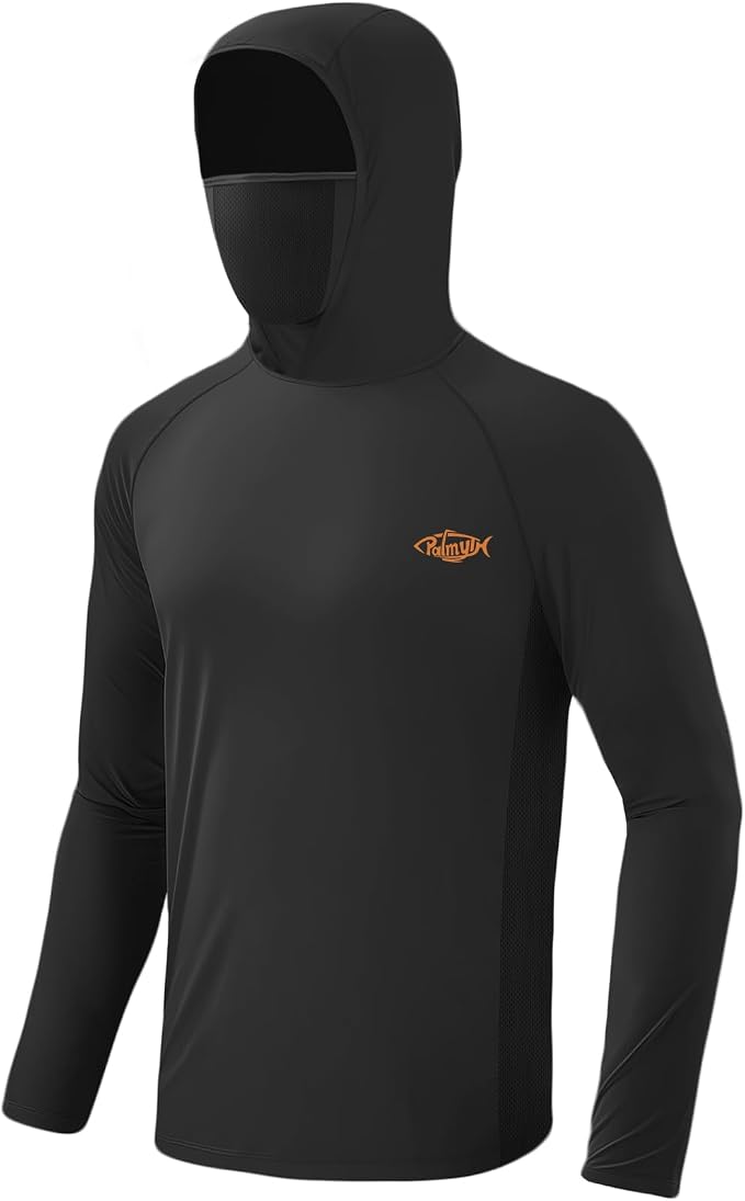 Palmyth Men's Fishing Hoodie UPF 50+ Long Sleeve with Face Mask Neck Gaiter | Zipper Pocket, Thumb Loops, Quick-Dry, Side Mesh Panels, Lens Cleaning Cloth