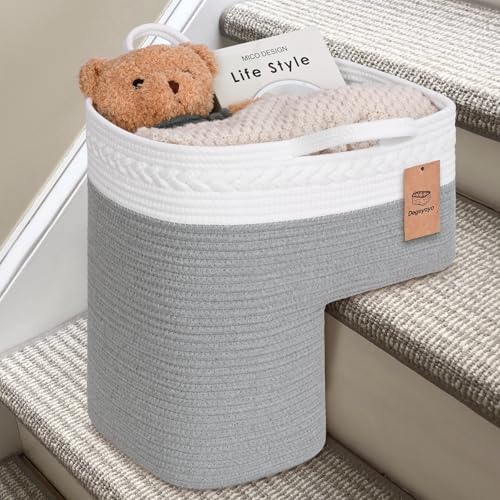 Stair Basket for Wooden & Carpeted Stairs, Foldable Cotton Rope Step Basket with Handles, Staircase Storage Organizer, Fog Grey, 15" Lx 10" W x 15" H