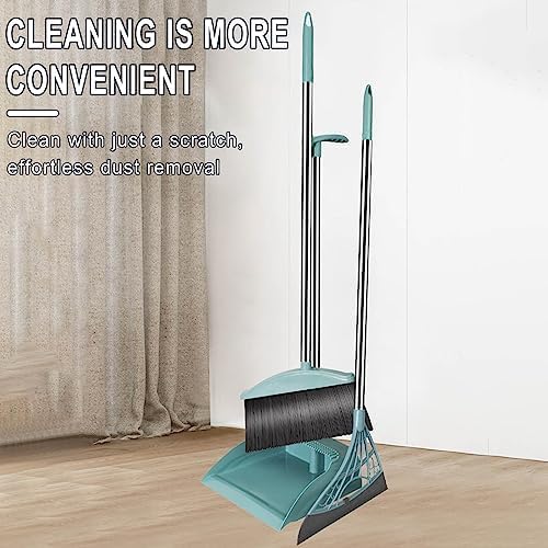 Long Handle Broom and Dustpan Set with 39.5" Squeegee Broom, Upright Standing Lobby Broom and Dust Pan and Rubber Broom, Indoor Broom with Dustpan Set for Home Kitchen Room Office Floor