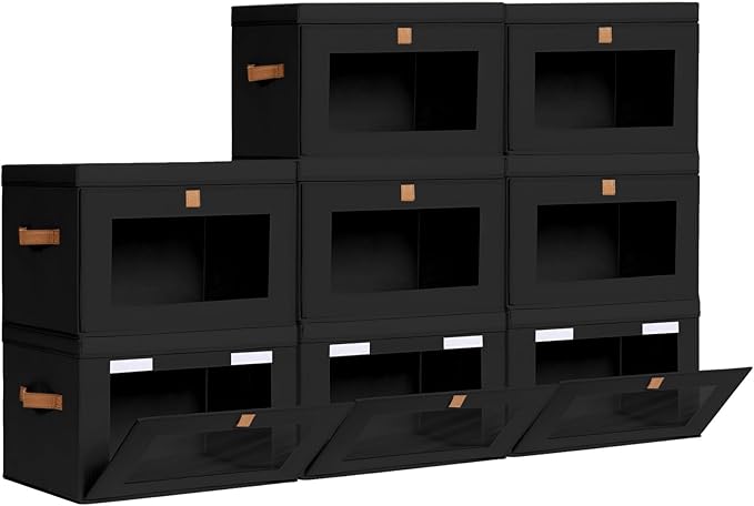 Homsorout Large Closet Storage Bins - Collapsible Clothes Organizer with Handles & Window, Decorative Boxes with Lids, Linen Closet Organizers for Living Room, Dorm, 8 Pack, Black