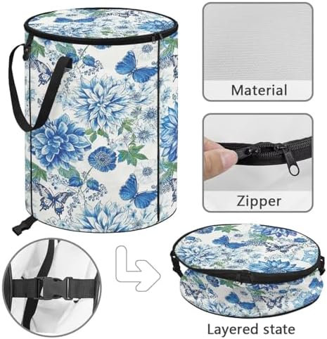 doginthehole Blue Floral Butterfly Collapsible Trash Can with Lid 20 Gallons Outdoor Waste Basket Bin Waterproof Garbage Cans Recycling Trash Can for Camping Beach Travel Yard Home Decorations